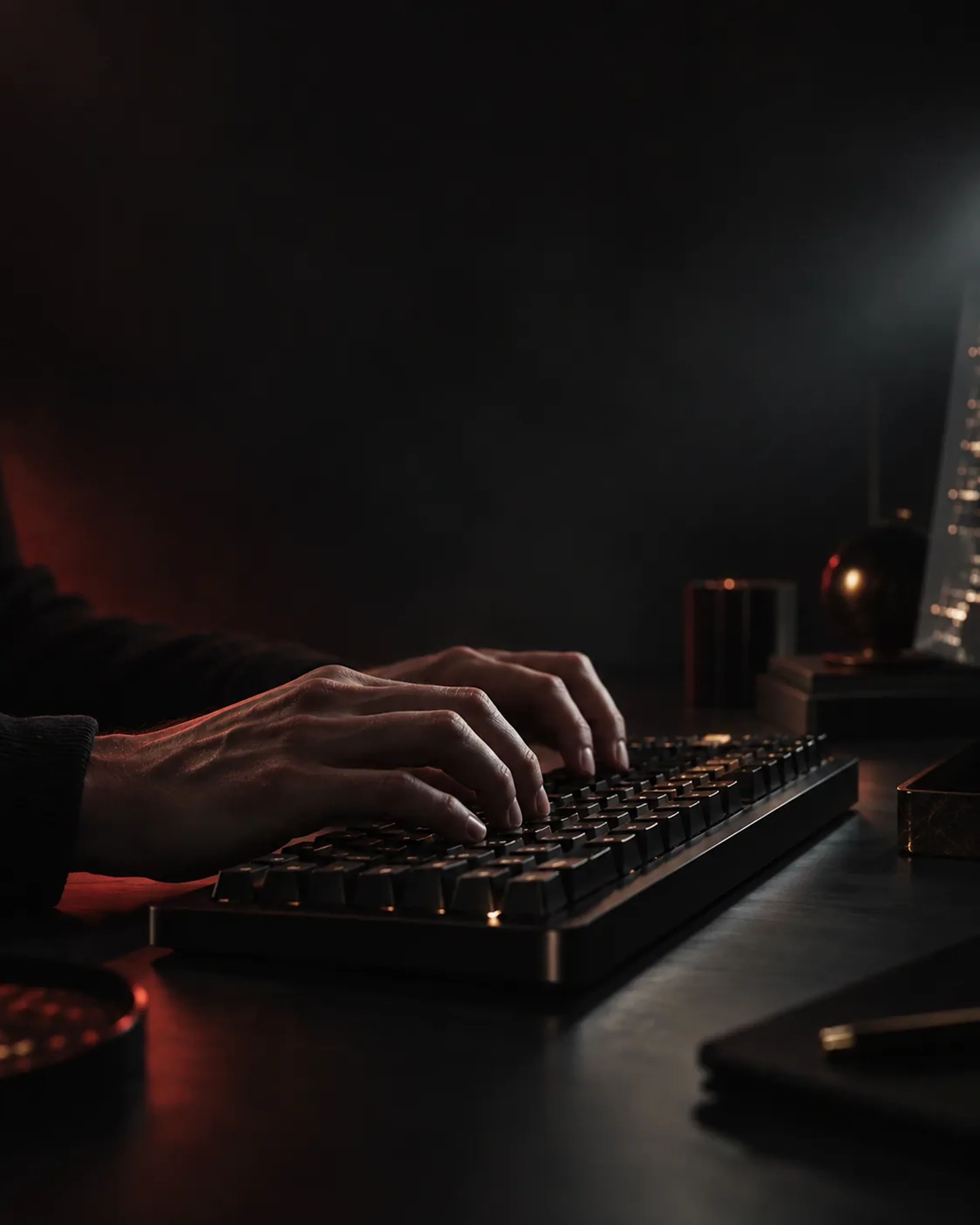 Mãos digitando em um teclado com código refletido na tela