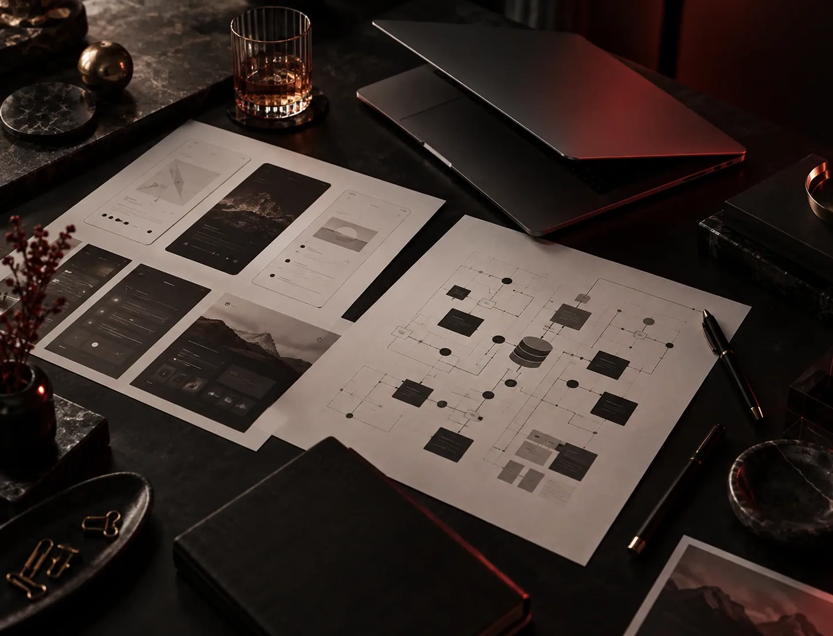 Mesa de planejamento com wireframes, fluxos e arquitetura de sistema