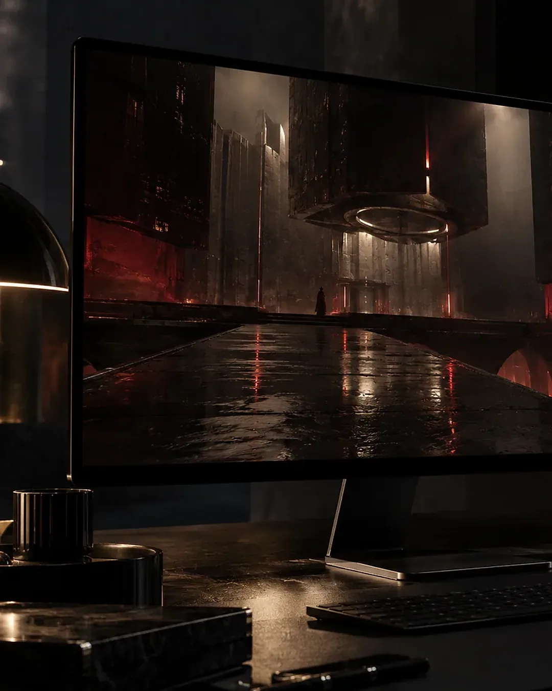Cena de jogo 3D para navegador em tons escuros