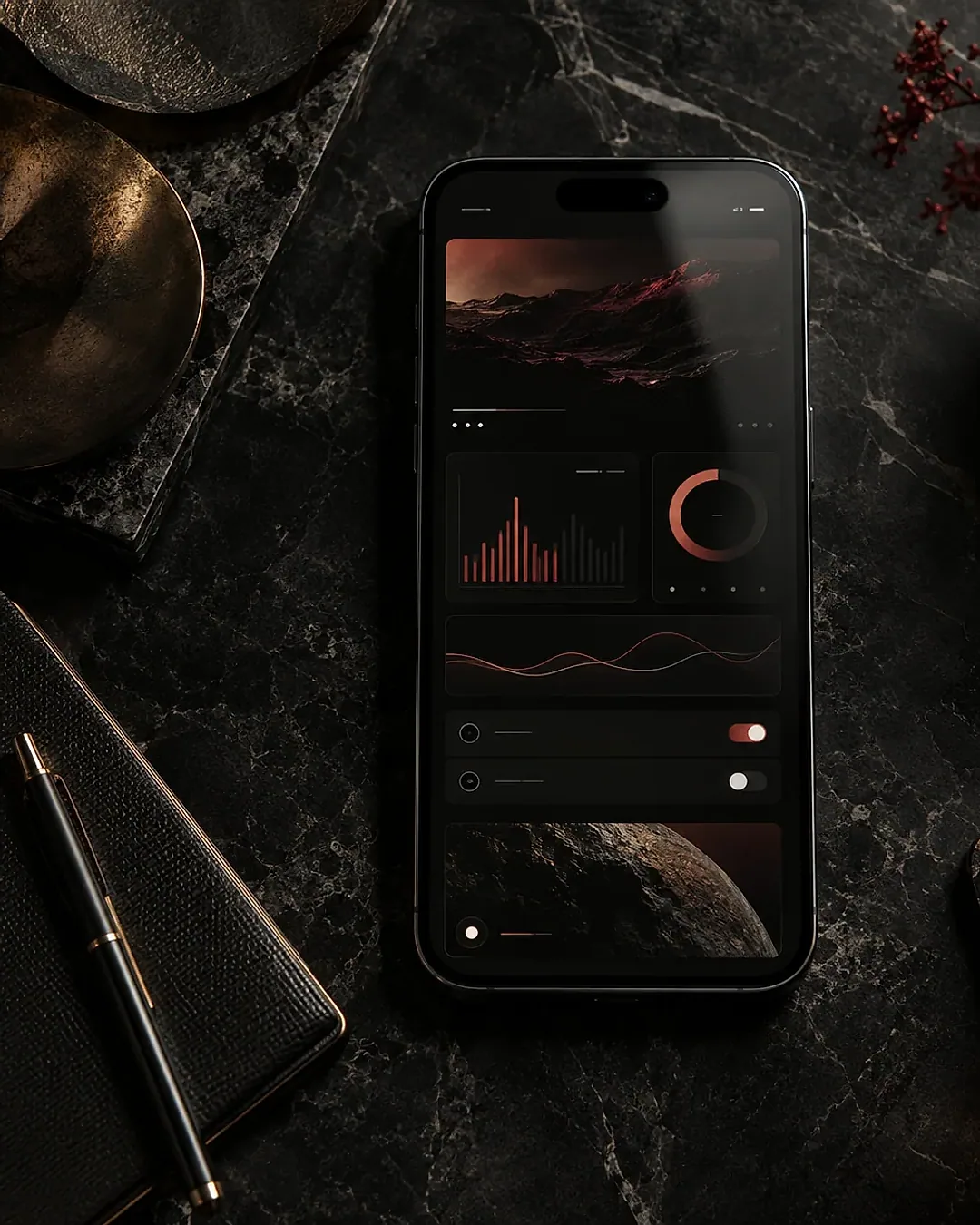 Smartphone exibindo um aplicativo com tema escuro